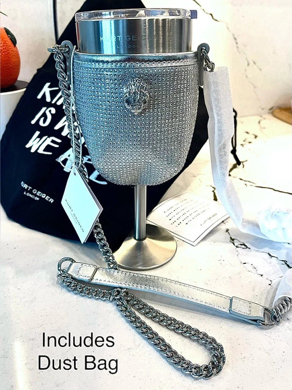 Kurt Geiger Wearable Wine Goblet/Insulated/lidded/Crystal Laden Cover +Dust Bag